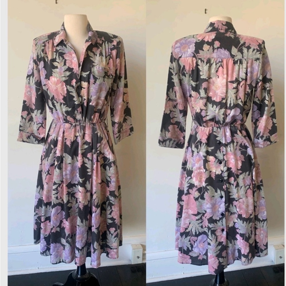 Vintage Black and Pastel Fit and Flare Dress 1990’s Floral Print Midi Dress